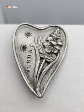Vintage Torino Pewter August Birth Month Heart Brooch Flower 1980s Pin 1.5"